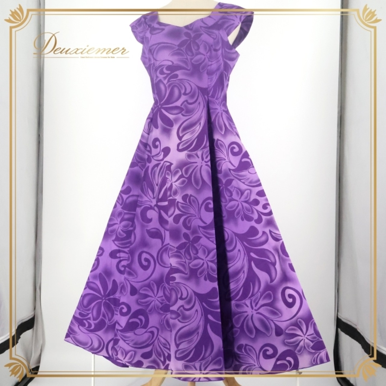 フラダンス 衣装 ワンピース ドレス ココエミリー パープル系 CoCoEmily 日本製 ノースリーブ ワントーン プルメリア柄 かわいい 華やか 鮮やか 明るい 綺麗 ハワイアン アロハ ハワイアンプリント フラ ダンス レッスン 練習 上品