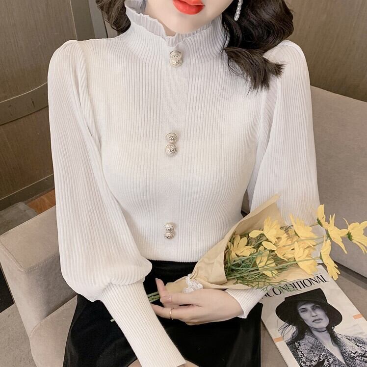 トップス レディース 4色 ニット 長袖 ランタンスリーブ ハイネック スリム 細身 レース フリル プルオーバー ボタン かわいい 大人可愛い きれいめ シンプル カジュアル 上品 エレガント 清楚 おしゃれ 綺麗 お嬢様 ナチュラル レトロ アンティーク 華やか 無地 OL 通勤 学生 通学 デート お出かけ 女子会 散歩 カフェ 送料無料 フリーサイズ ゆる ホワイト アプリコット ブラック ブラウン 春 秋 冬 10代 20代 30代 40代 韓国系 着回し 普段使い ファッション コーデ モテ