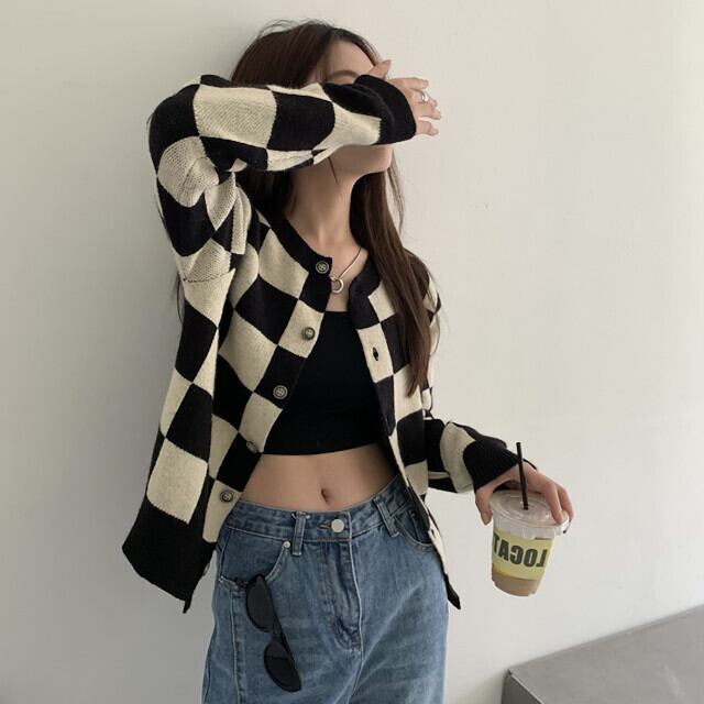 カーディガン ニット レディース トップス おしゃれ チェック柄 あったか 一枚映え こなれ感 カジュアル ブラック×ホワイト