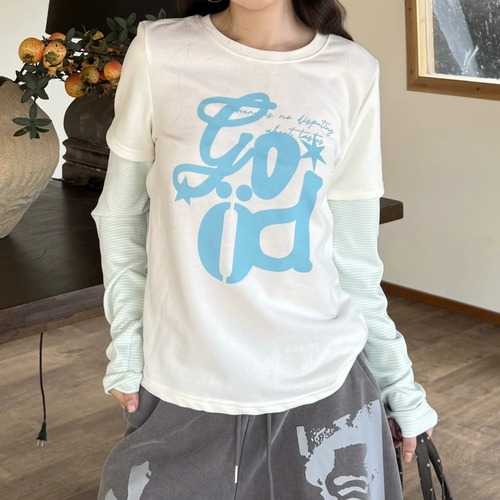 グラフィックプリントボーダースリーブドッキングTシャツ 2col R02655