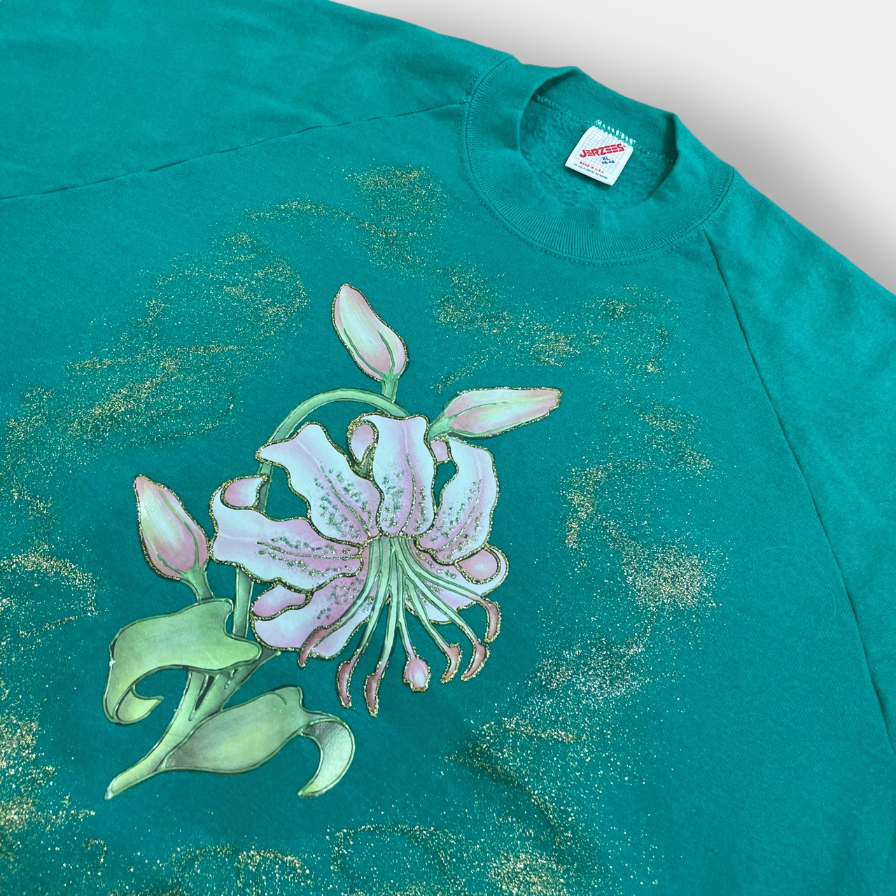 JERZEES 80s USA製 スウェットシャツ トレーナー カワイイ系 ラメ 花 ラグラン エメラルドグリーン SWEATSHIRTS XL ヴィンテージ US古着