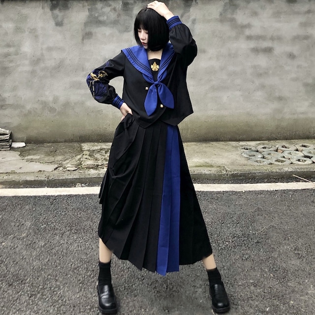 【神北シリーズ】★セットアップ ★ 3点セット トップス+スカート+蝶ネクタイ 不良少女 配色 ブラック ブルー