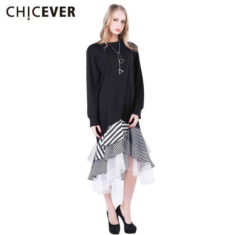 CHICEVERアシンメトリーオータムドレスフリルパッチワークレディースドレス長袖ミディTシャツ服ビッグサイズ2017 ロング ラッフル 秋物 6base512316305885