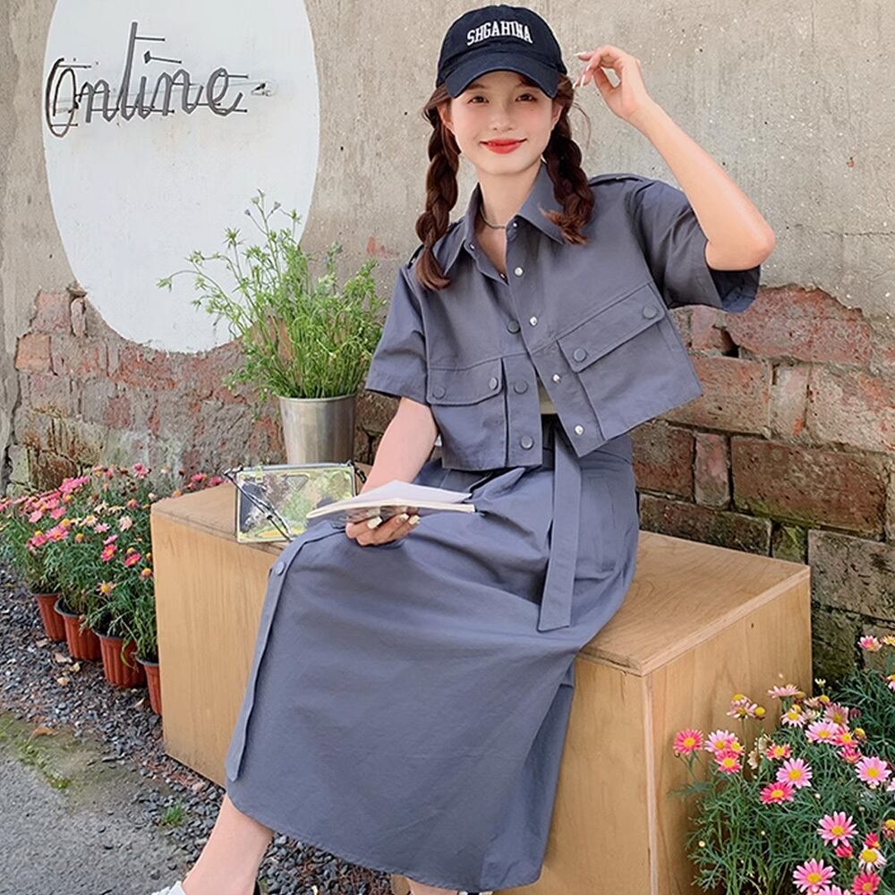 きれいめネイビーツーピース 半袖+スカート | きれいめ韓国レディース  