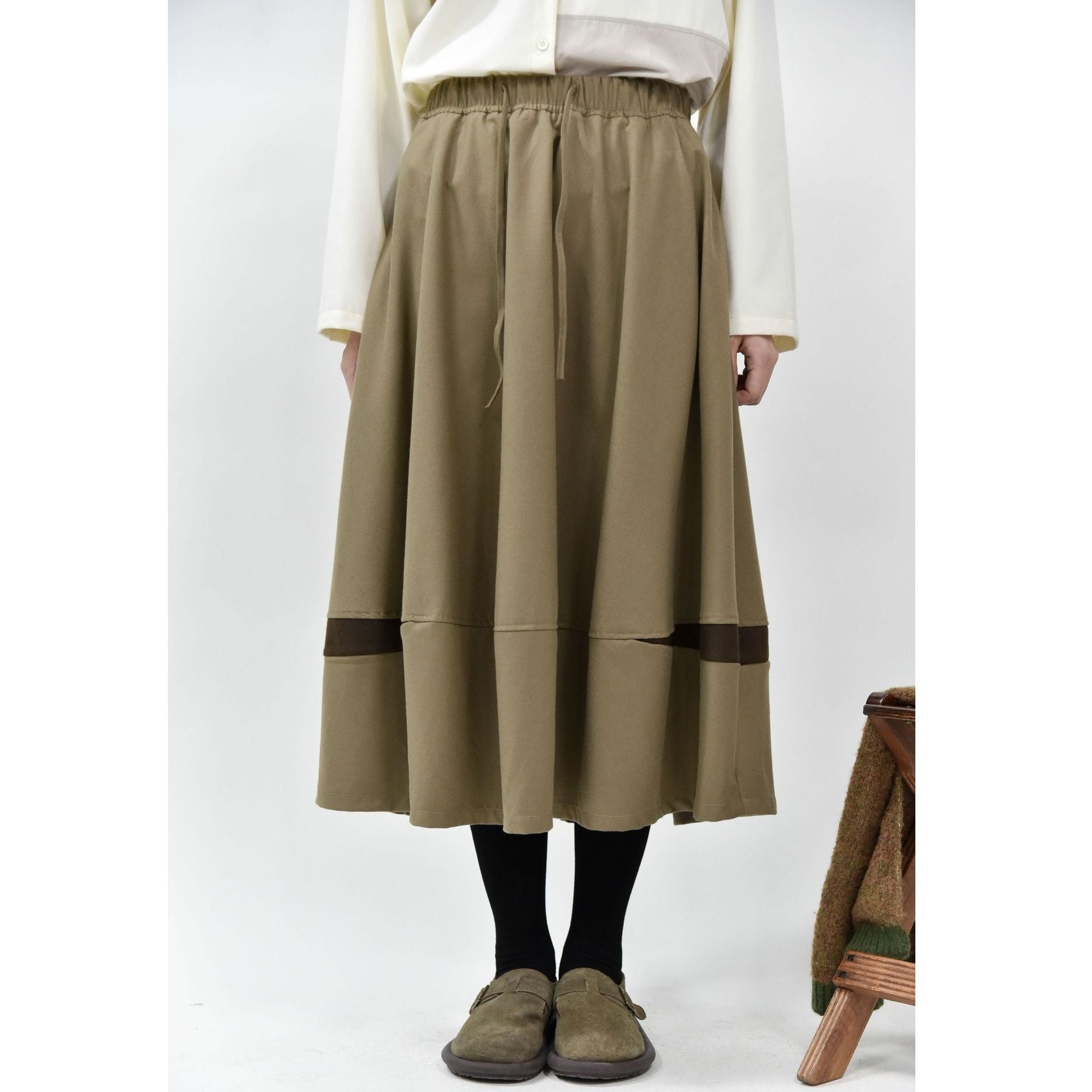 DRAWSTRING WAIST A-LINE MIDI DESIGN SKIRT 4colors M-16103