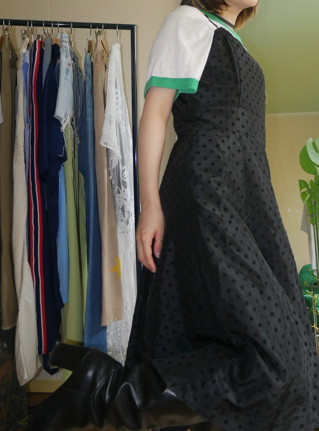 80s-90s Vintage Black Flocky Polka Dot Dress