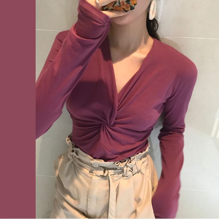 ボタンVネックTシャツ トップス レディース ロング パープル ビッグFスモールZ韓国31380416483