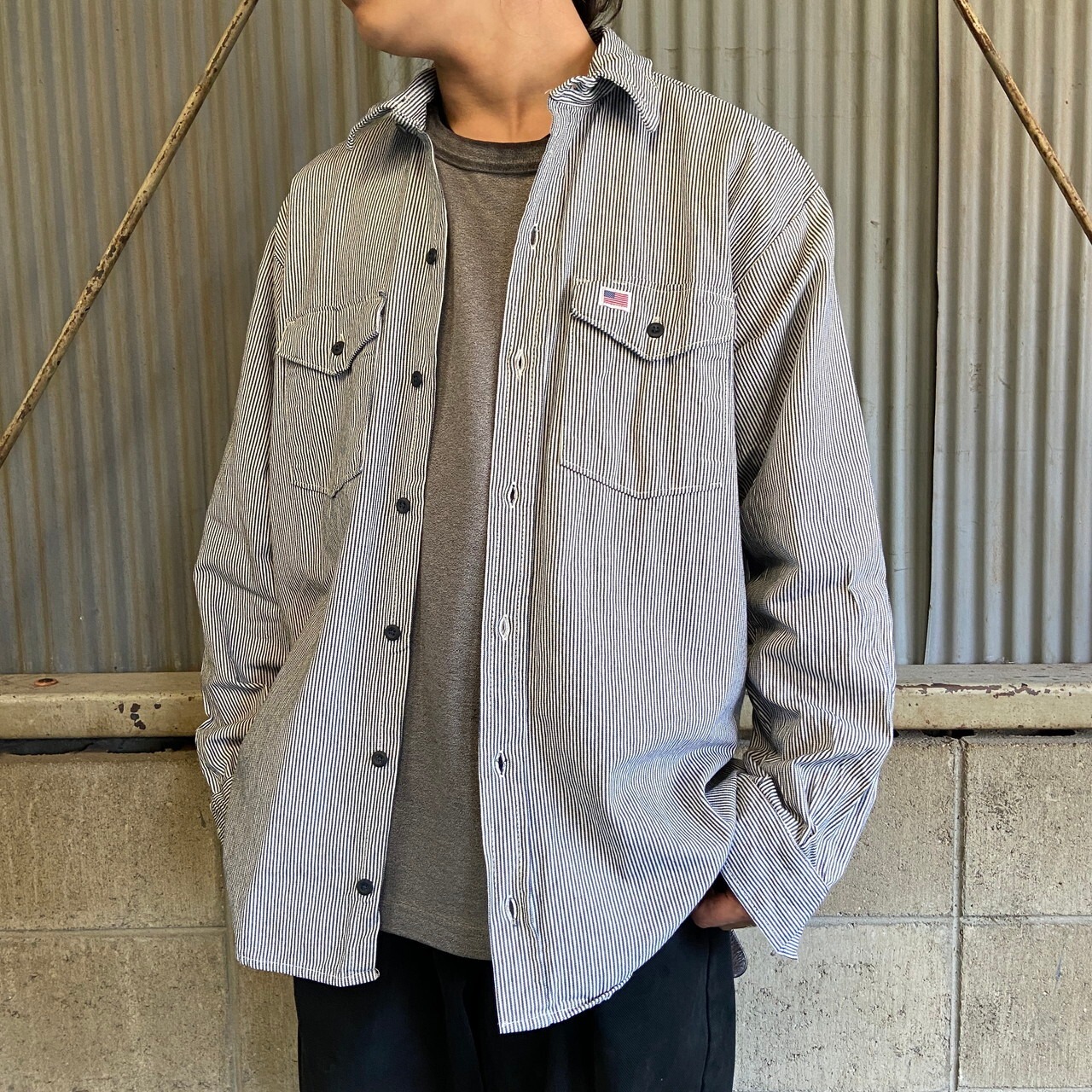 USA製 WHISTLE WORKGEAR ヒッコリーストライプ コットン ワークシャツ 