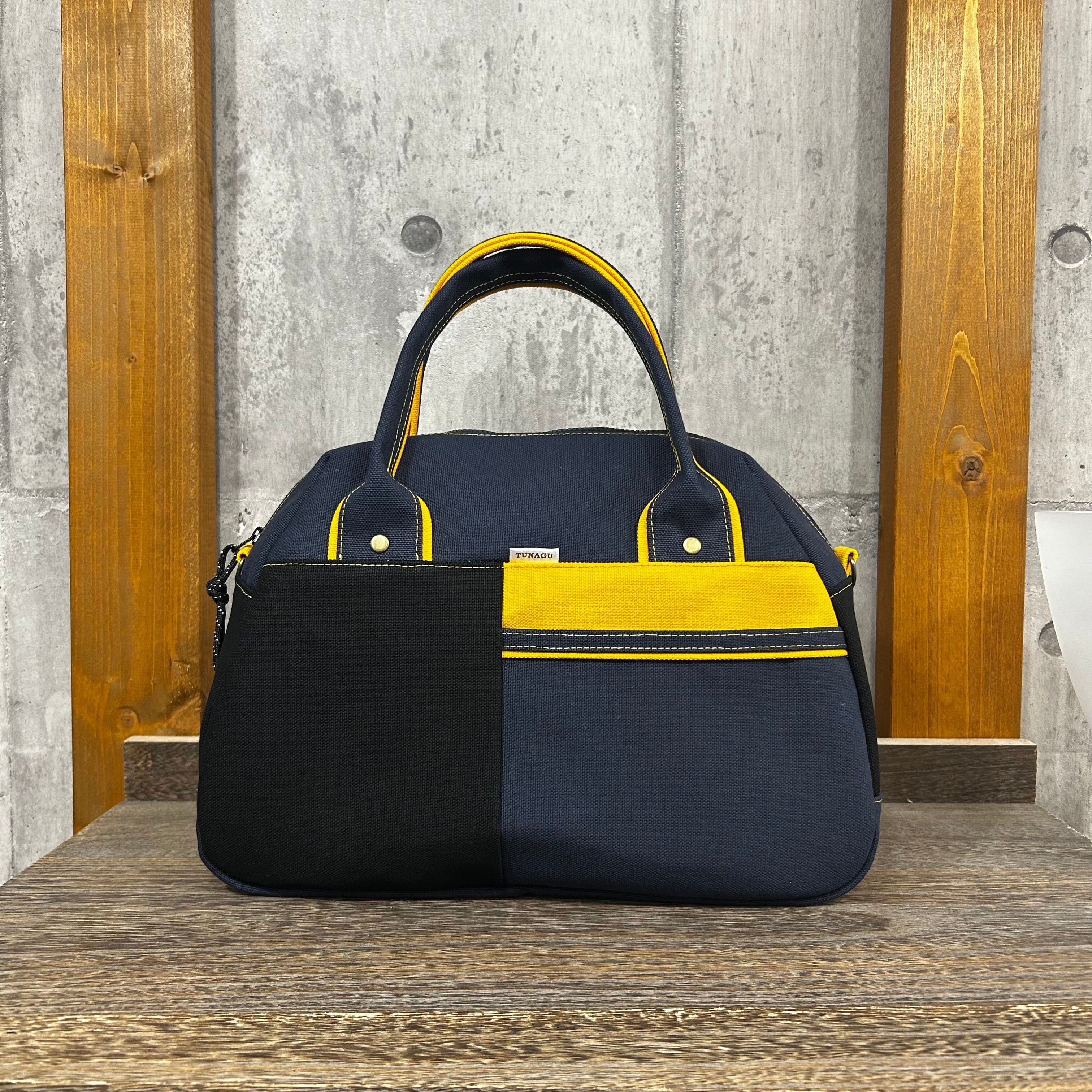 -* Boston Bag *- ブロック切替デザイン【ディープオーシャン×ブラック×ヤマブキ】