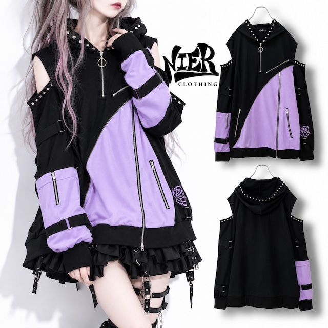 高品質BICOLOR CUT SHOULDER VISUAL LAVENDER HOODIE