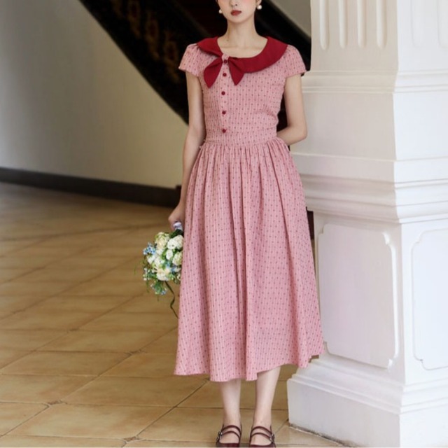 リボンデザインボートネック ミディ丈  Aラインワンピース 00521