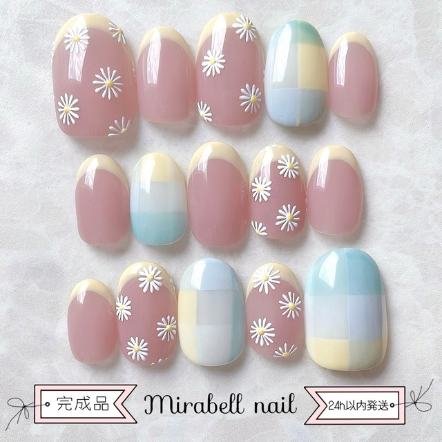【完成品 即日発送】 素肌ピンク マーガレット 小花 フレンチ 15枚 ネイルチップ セット #ncs019