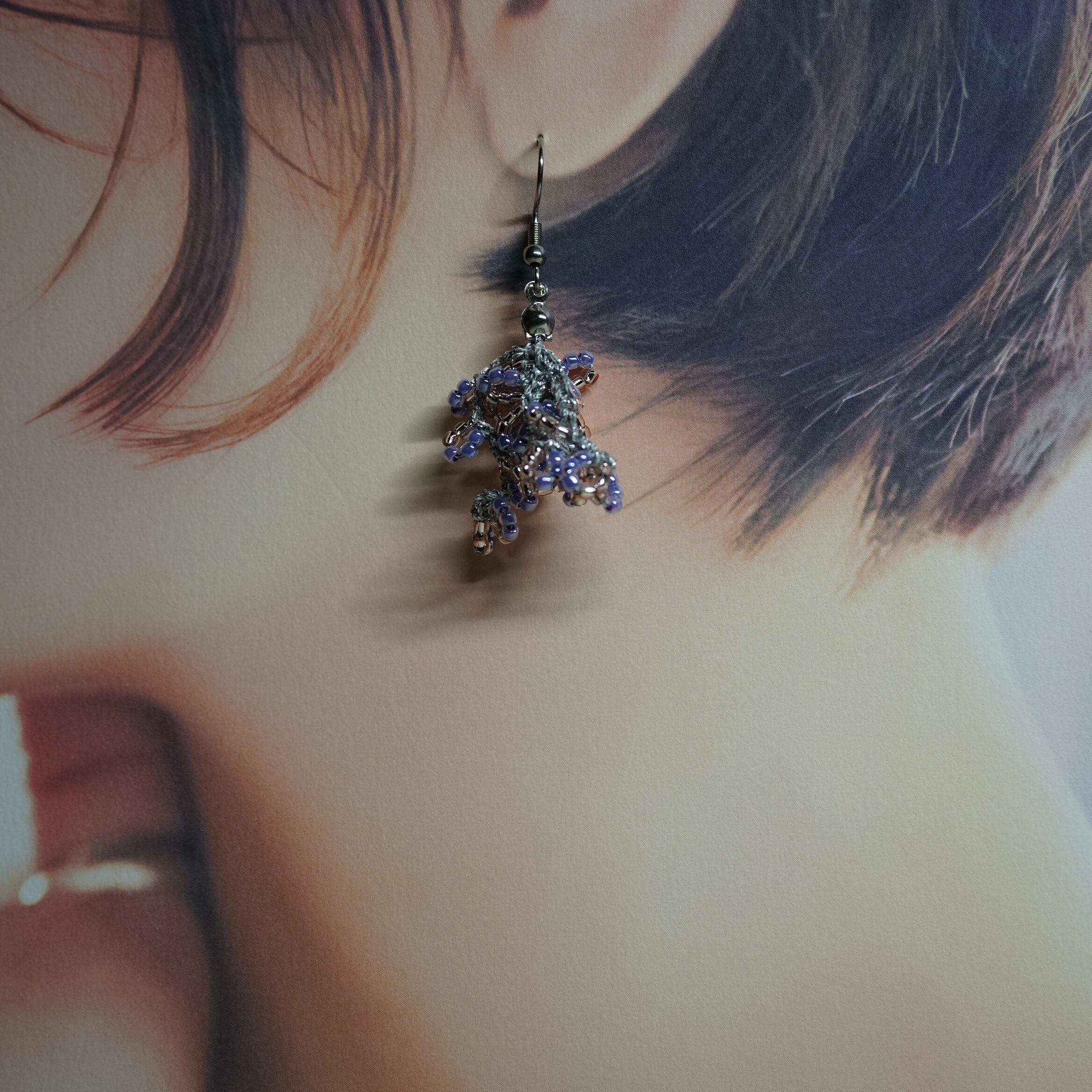 ビーズクロッシェ じゃらじゃらピアス ピンク×パープル×シルバー