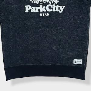 【ROOTS CANADA】UTAH PARK CITY ユタ州 パークシティ ブランドロゴ アップリケ スウェット トレーナー プルオーバー L 黒ボディUS古着