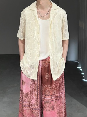 crochet mesh open collar shirt / off white