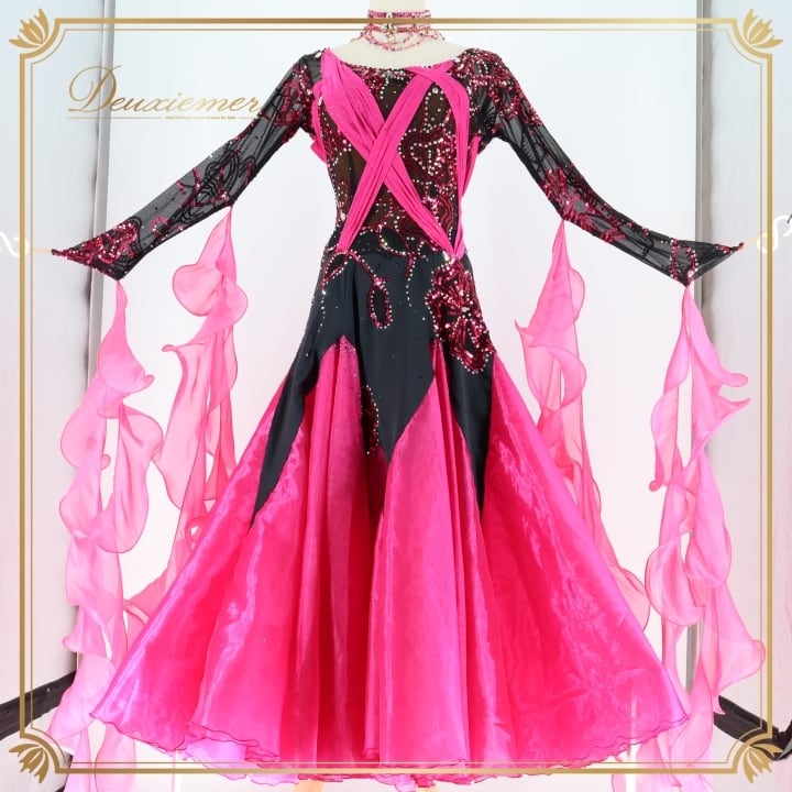 【美品 社交ダンス衣装】ワンピース ドレス prima boutique プリマブティック 黒 ピンク マゼンダ ブラック ラインストーン 社交ダンス 衣装 スタンダードドレス ドレス ワンピース スタンダード