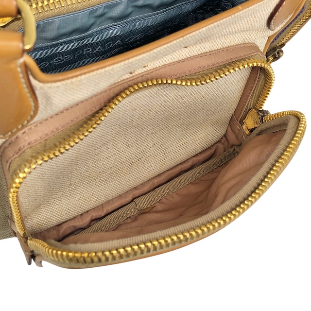 PRADA プラダ トートバッグ ベージュ ブルー トライアングルロゴ キャンバス マルチポケット vintage ヴィンテージ オールド fkki3a