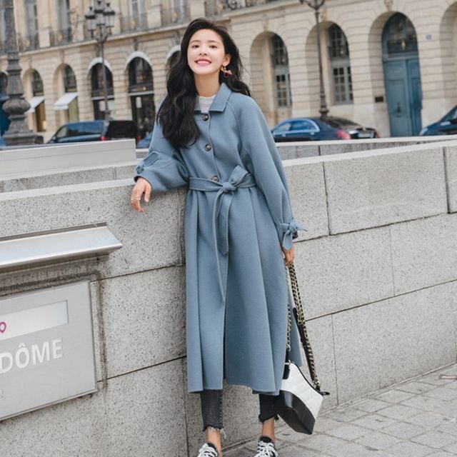 【予約販売】チェスターコート レディース 無地 ロング丈 ブルー ブラック フレア エレガント 秋冬 アウター きれいめ こなれ感 韓国 S/M/L/XL