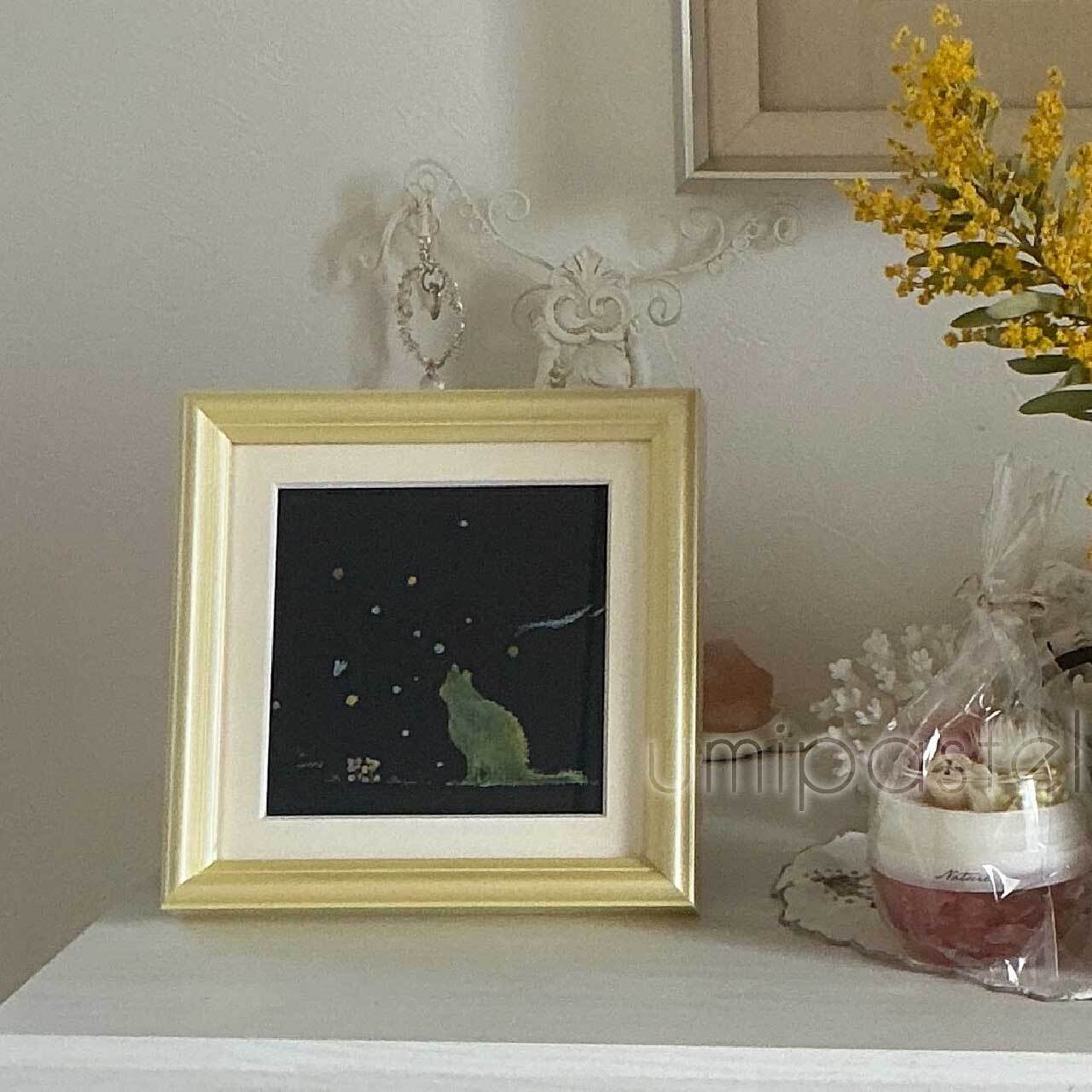 ダリの模写、パステル画、額入り、 額装パステル画 原画作品「ゆるり」〜 猫と野の花 〜 | umipastel Art