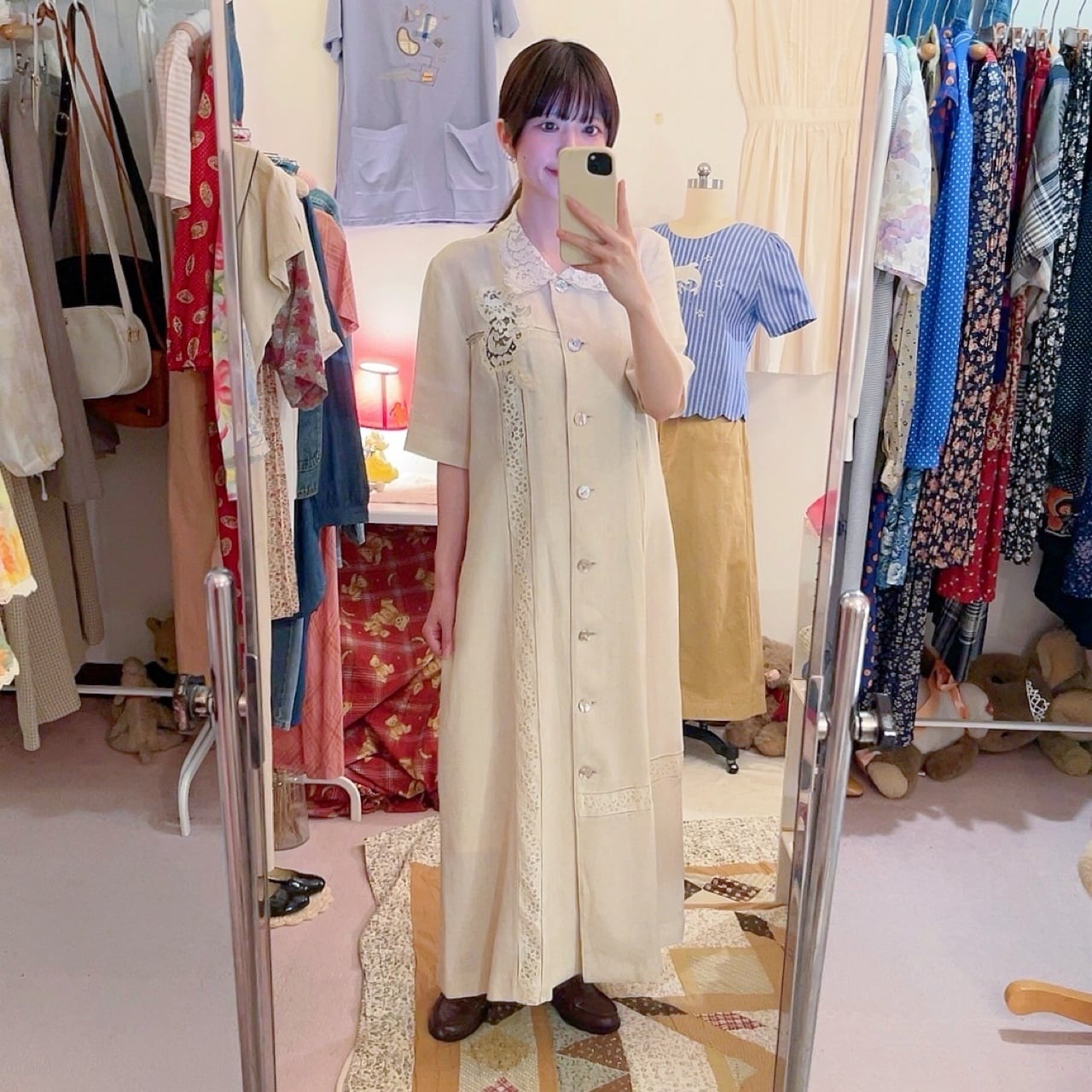 lace collar linen beige one-piece