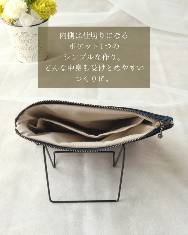 4) 刺繍リボン デニム レザー ポーチ ファスナー マルチポーチ | kanmi
