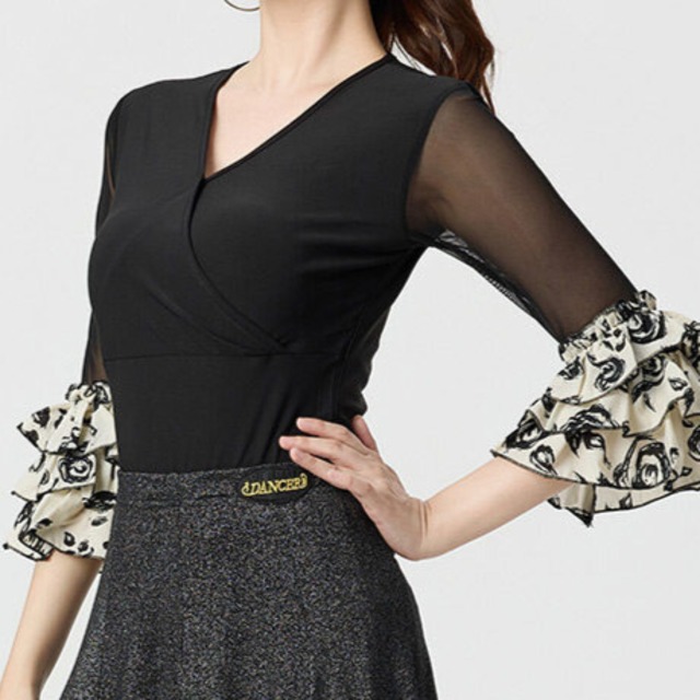 カシュクール フリルスリーブ メッシュスリーブ ダンストップス　ds1503