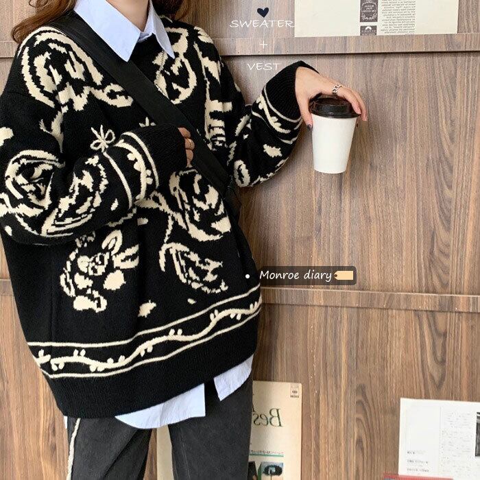 スタイルブラックセーター レディースルーズプルオーバー ブラウス オータムウィンターコート ロング 秋物 冬物 モンロー86611912203