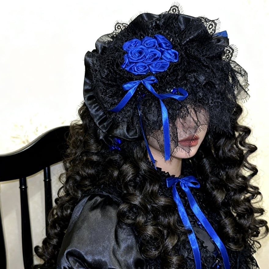 ゴシックロリィタ 黒青薔薇ベール小礼帽
