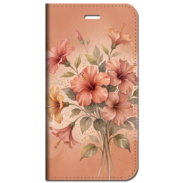 iPhone対応 スマホ 手帳型ケース 夏 ハイビスカス 水彩 テラコッタ くすみコーラル 上品 花柄 リゾート テラコッタコーラル アンニュイ 大人可愛い スマホケース スタンド 【iPhone17 / iPhone16e / iPhone16 他 iPhone各機種対応】 |iasmnu15