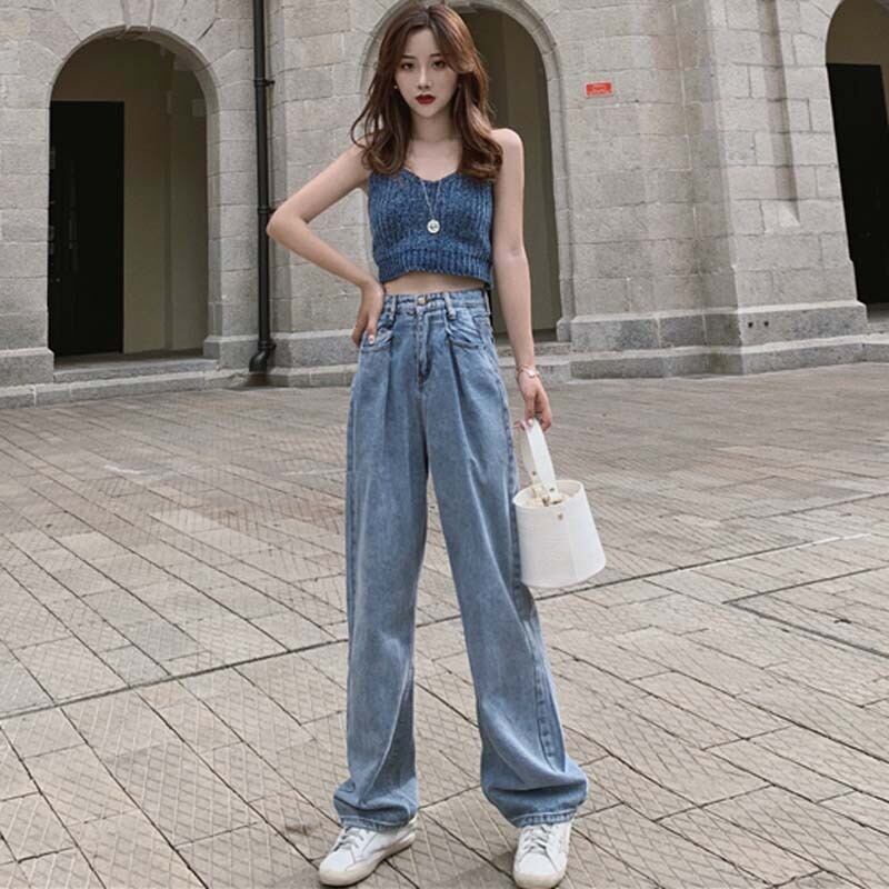 スタンダードルーズハイウェストロングジーンズ パンツ ニットショートトップス レトロ レース レースアップ YY-ファッション36668863979