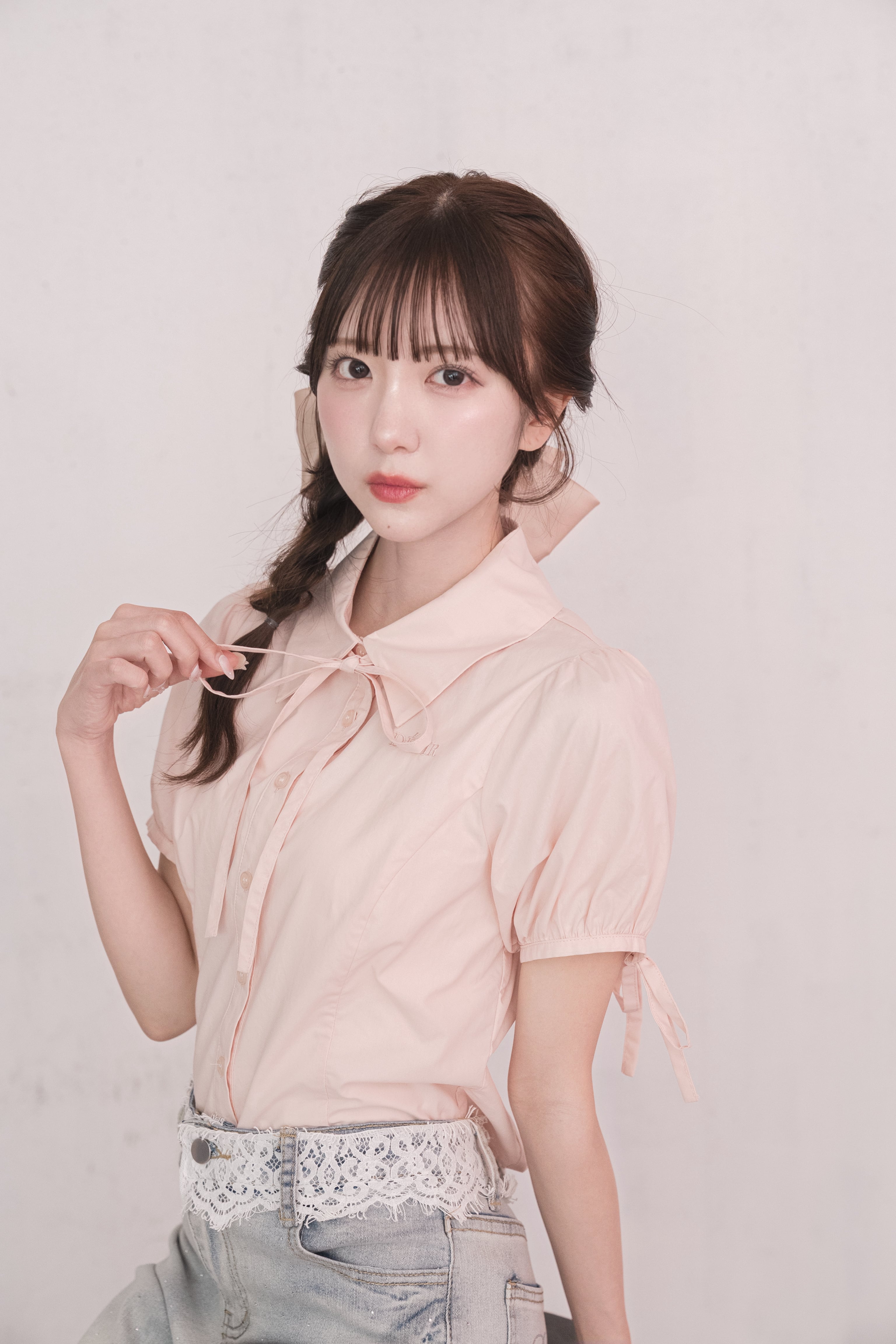 puff sleeve ribbon blouse(pink)