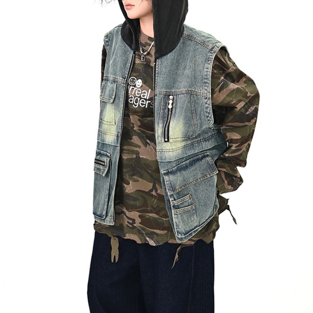 denim vest hoodie　デニムベストフーディー　J1228