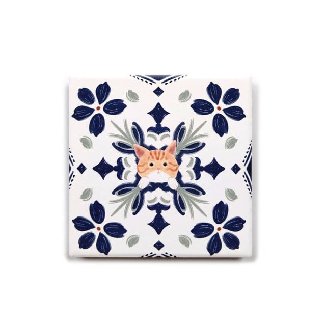 花タイル型セラミック給水コースター(茶とら猫)