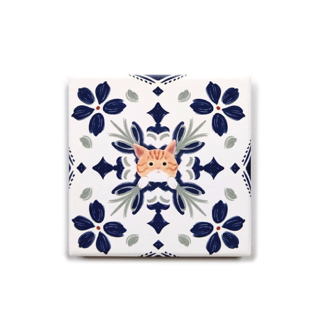 花タイル型セラミック給水コースター(茶とら猫)