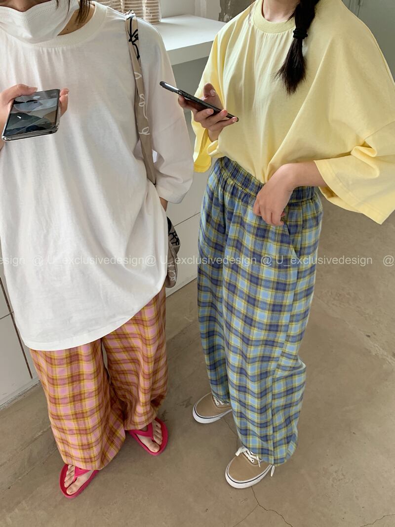 スタンダードカラー格子柄パンツ ストレッチウェストルーズ レトロ エラスティック 伸縮 ショーツ ブルマー ビッグFスモールZ韓国96994209281