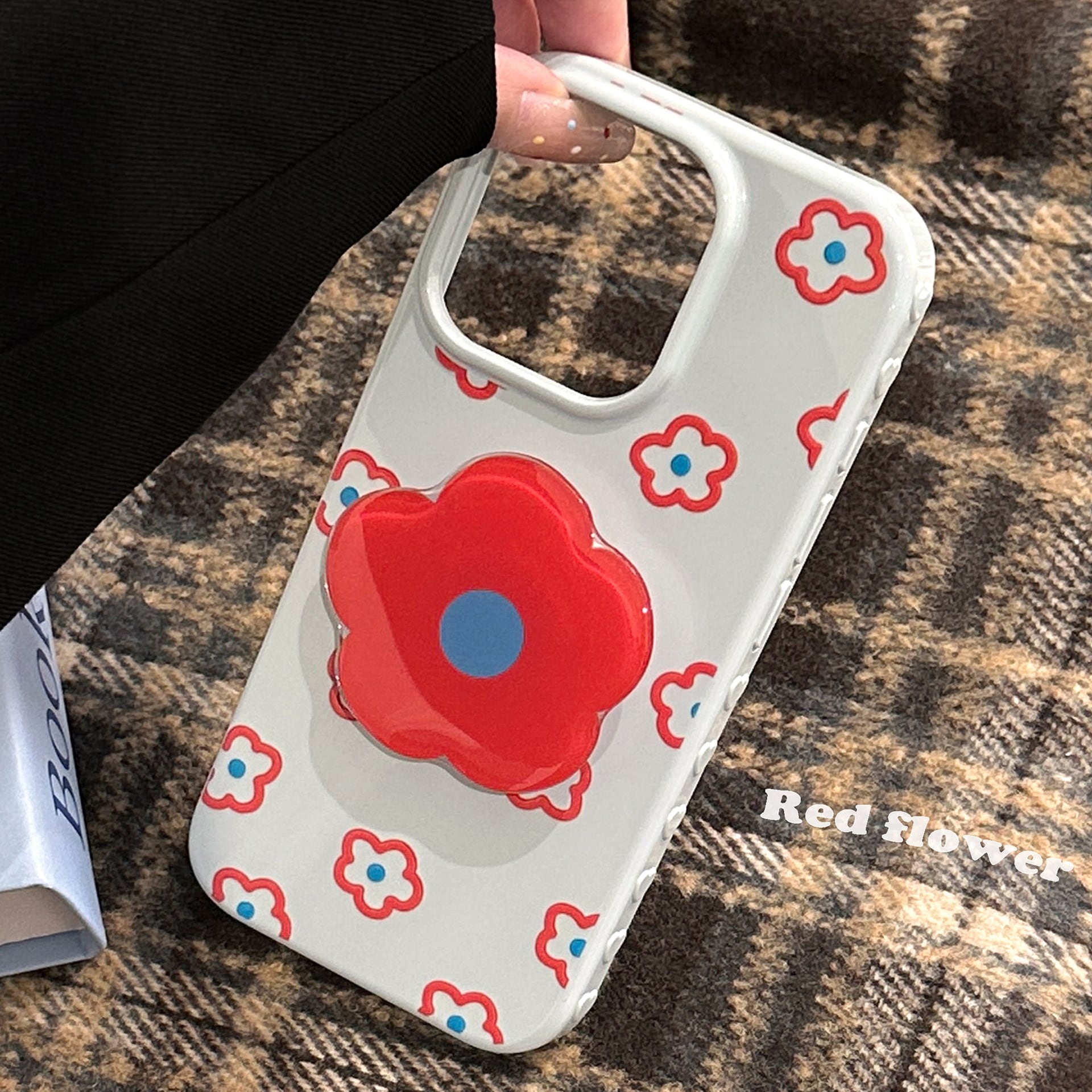 iPhone17~12対応】スモーキーブルー×赤い花柄◎おしゃれで個性的な