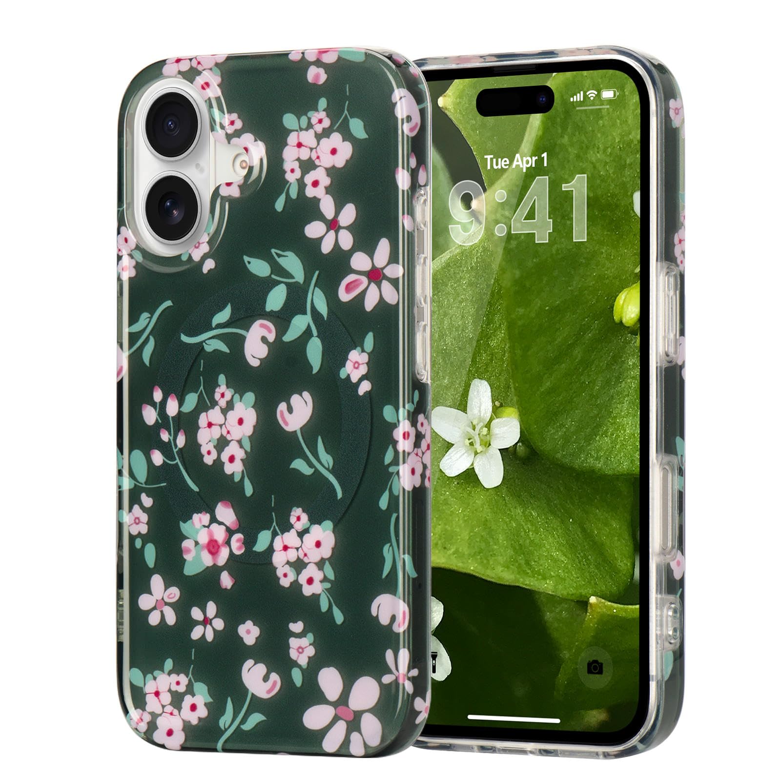 Wirvyuer iPhone 17 用 ケース MagSafe対応 花柄 可愛い おしゃれ 耐衝撃 スマホケース(ダークグリーン)
