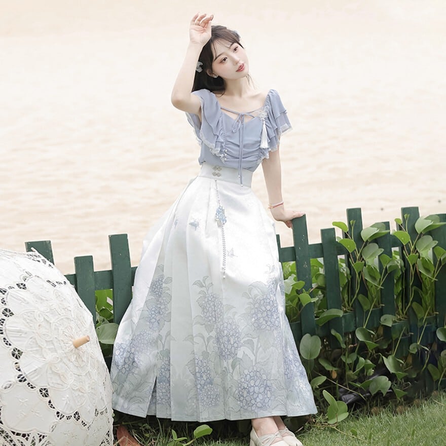GW SALE☆ロリタケ　昭和レトロ　フローラル柄ウエディングサロンセット 中華ロリータ セットアップ 紫陽花柄ロングスカート 水色系 | ゴスロリ