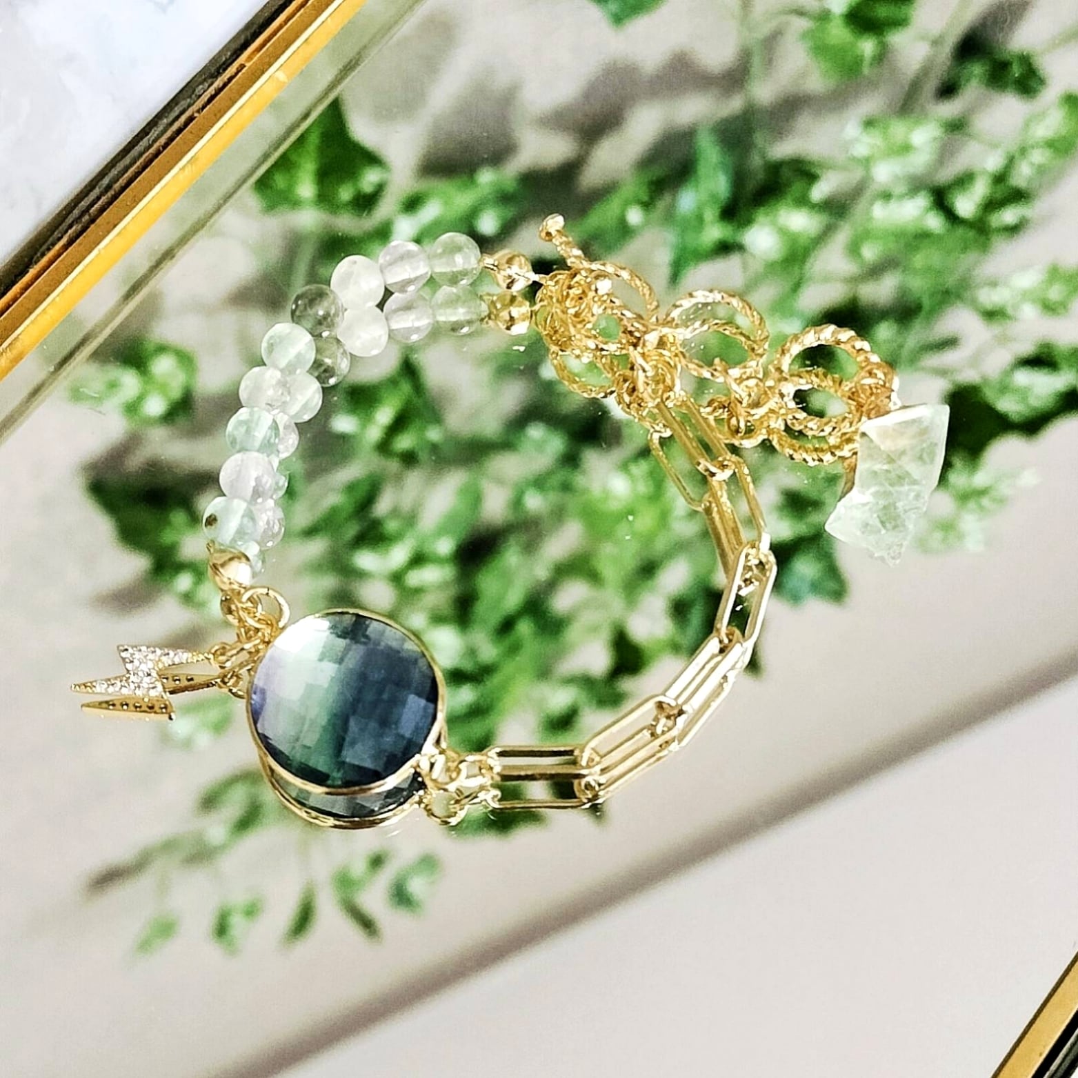 天然石ブレスレット(円形フローライト、八面体フローライト、4mmフロー
