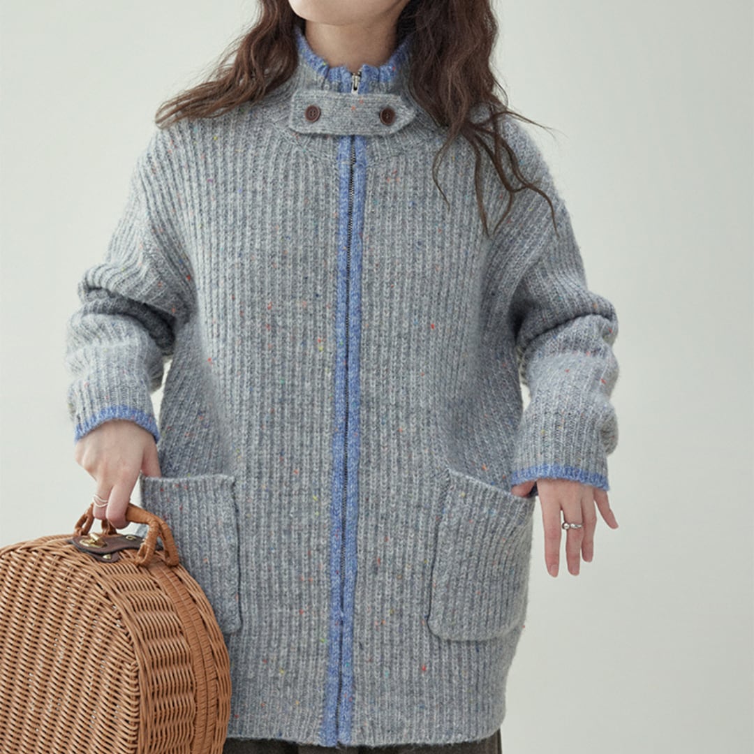 french dot zipper sweater cardigan