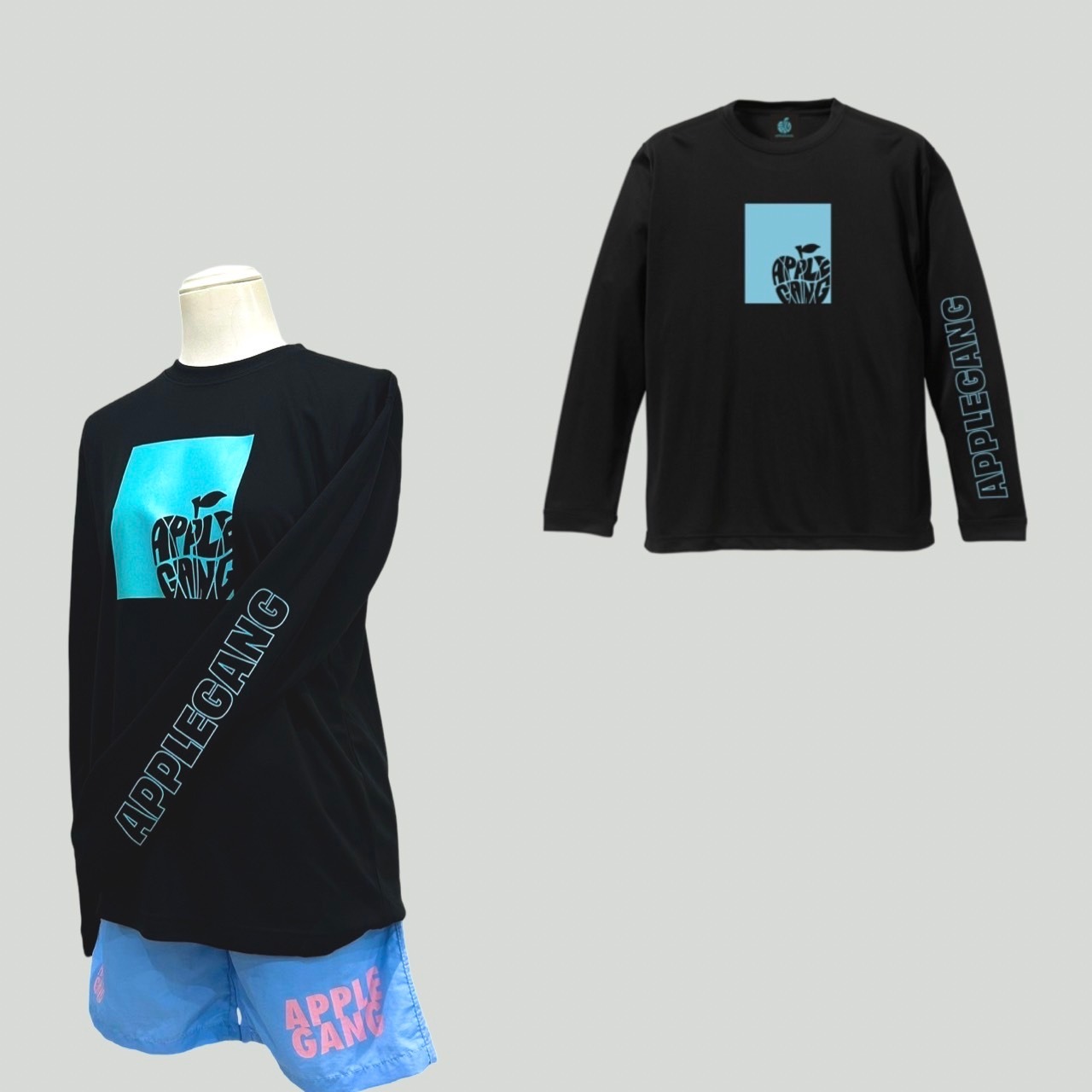 アームデザイン2　ロングTシャツ　ブラック×ミントブルー