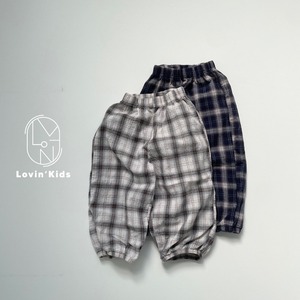 【Lovin'】サマーチェックナチュラルパンツ 90〜140cm ネイビー 240523