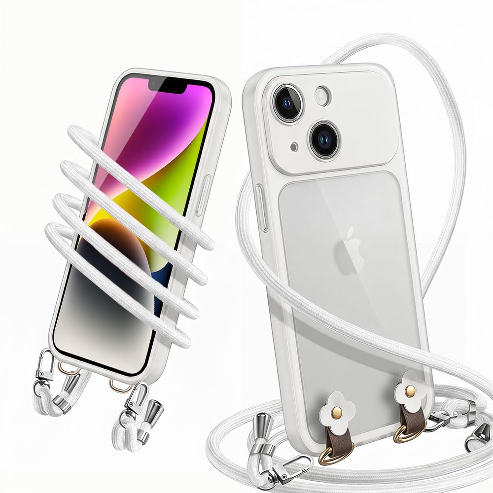 対応 iPhone 14 ケース iPhone 13 ケース ショルダー 半透明 薄型 耐衝撃 可愛い 花柄デザイン(ホワイト)