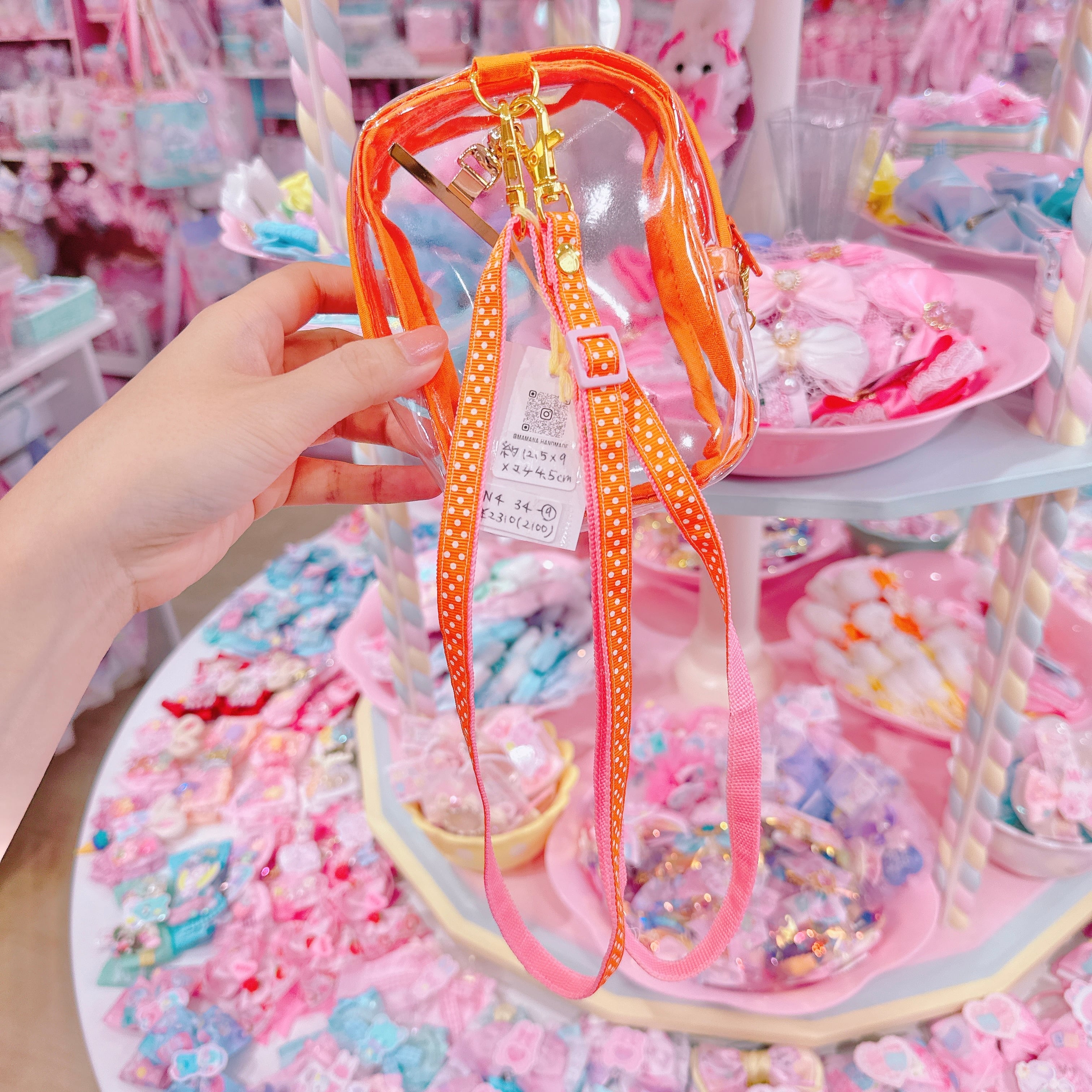 【N4】34-9クリアポーチ付きスマホストラップ（オレンジ）