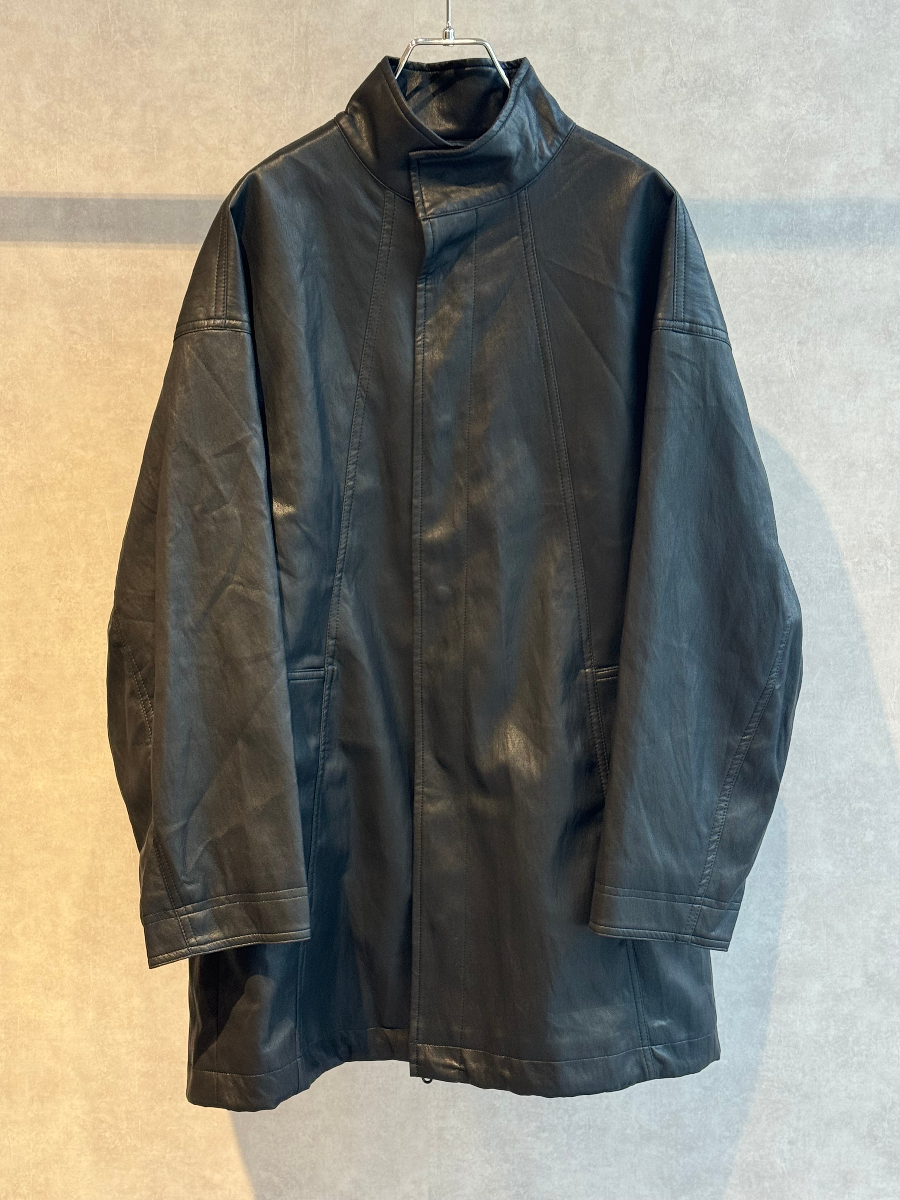 stand collar leather look half coat