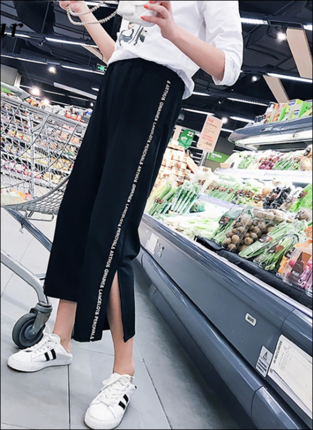 【送料無料】パンツ レディース 韓国ファッションストライプ ワイドレッグパンツ ルーズ 黒ボトム