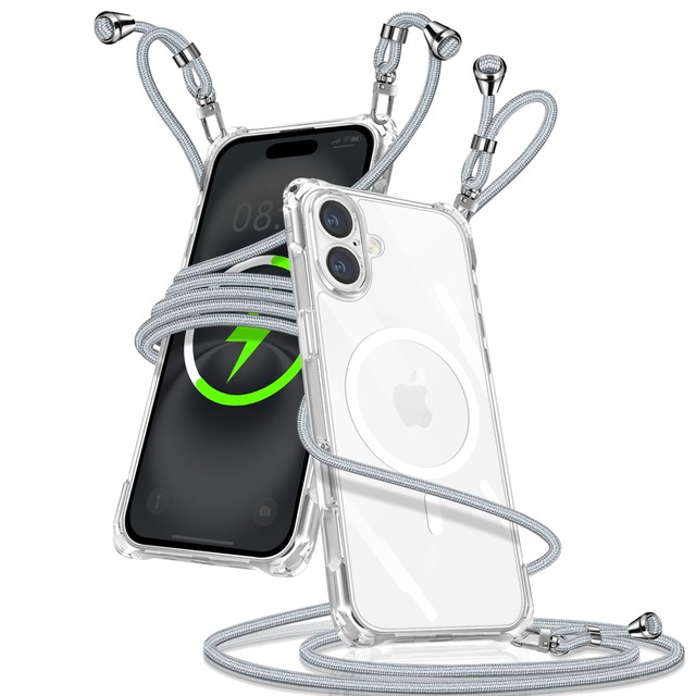 iPhone 16 向けの ケース クリア ショルダー Magsafe対応 アイフォン16 カバー(シルバー)