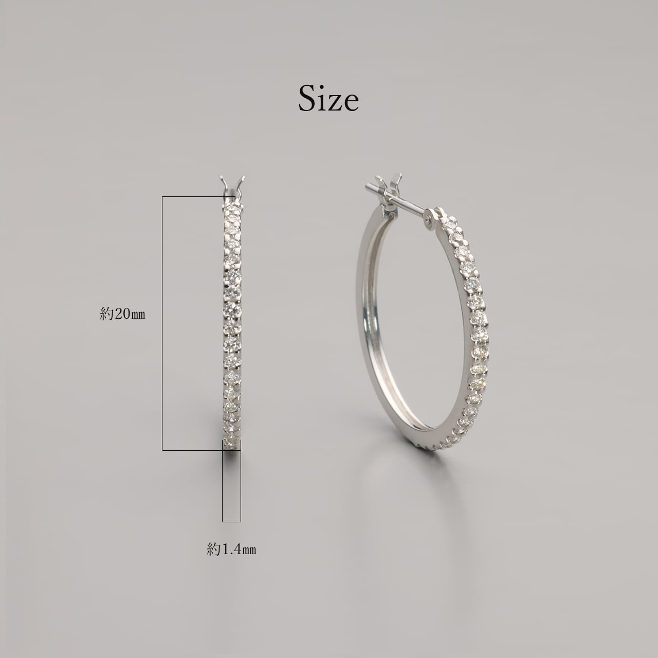 14K ホワイトゴールド ダイヤモンド フープピアス K18ホワイトゴールド 直径20mmダイヤモンドフープピアス