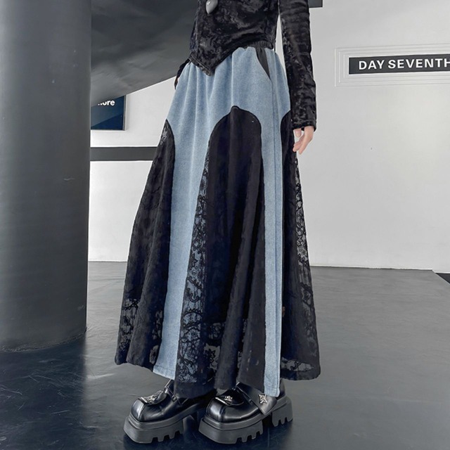 Lace contrast denim A-Line maxi skirt C1007