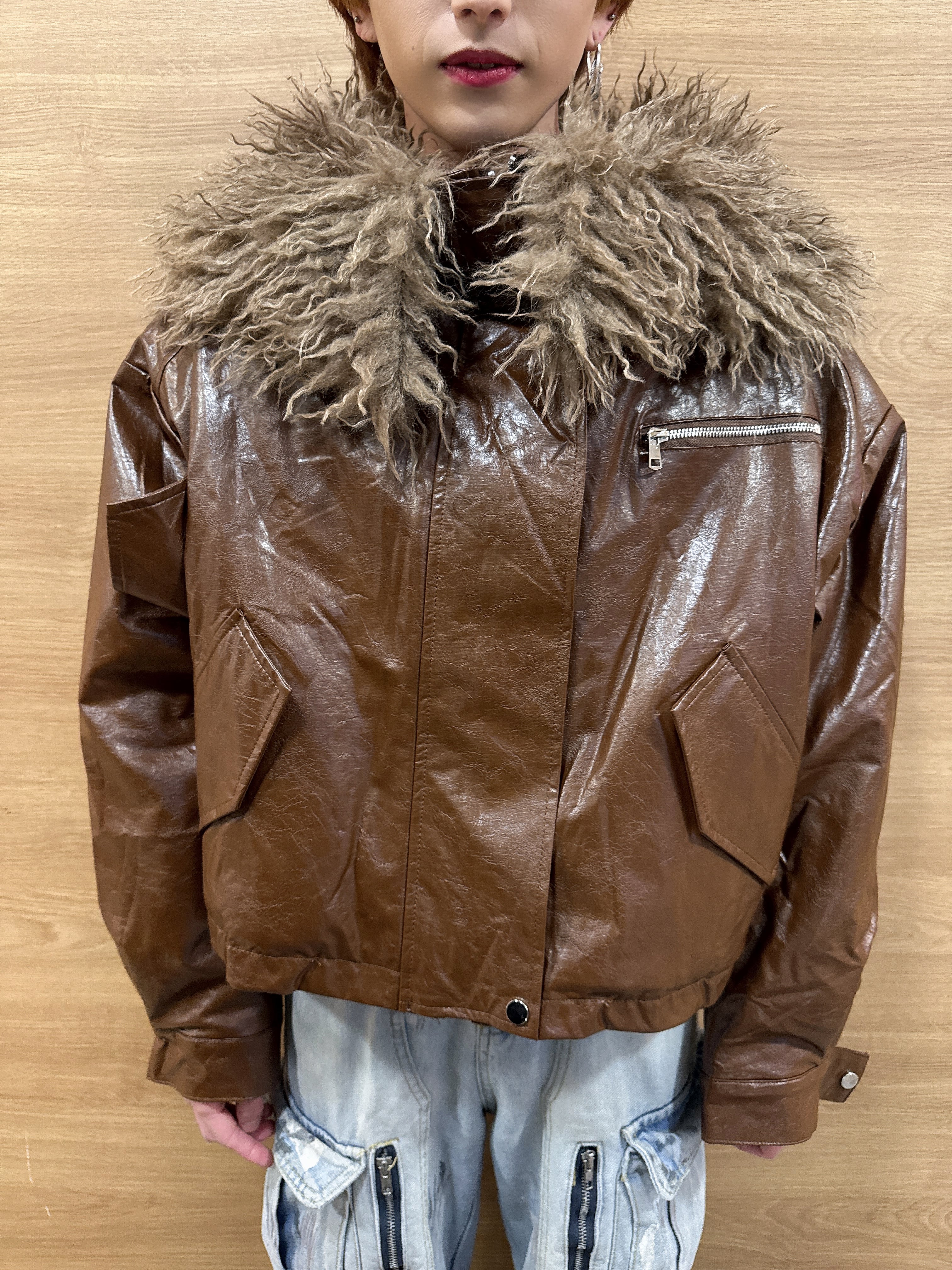 グロスレザークロップドジャケット ストリート Y2K | 韓国系ユニ